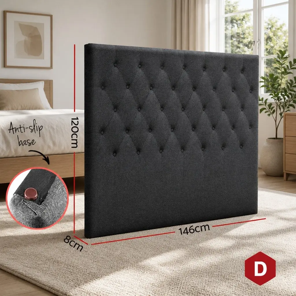 Double Bed Headboard Upholstered Charcoal Button Tufted Design Bedroom Furniture