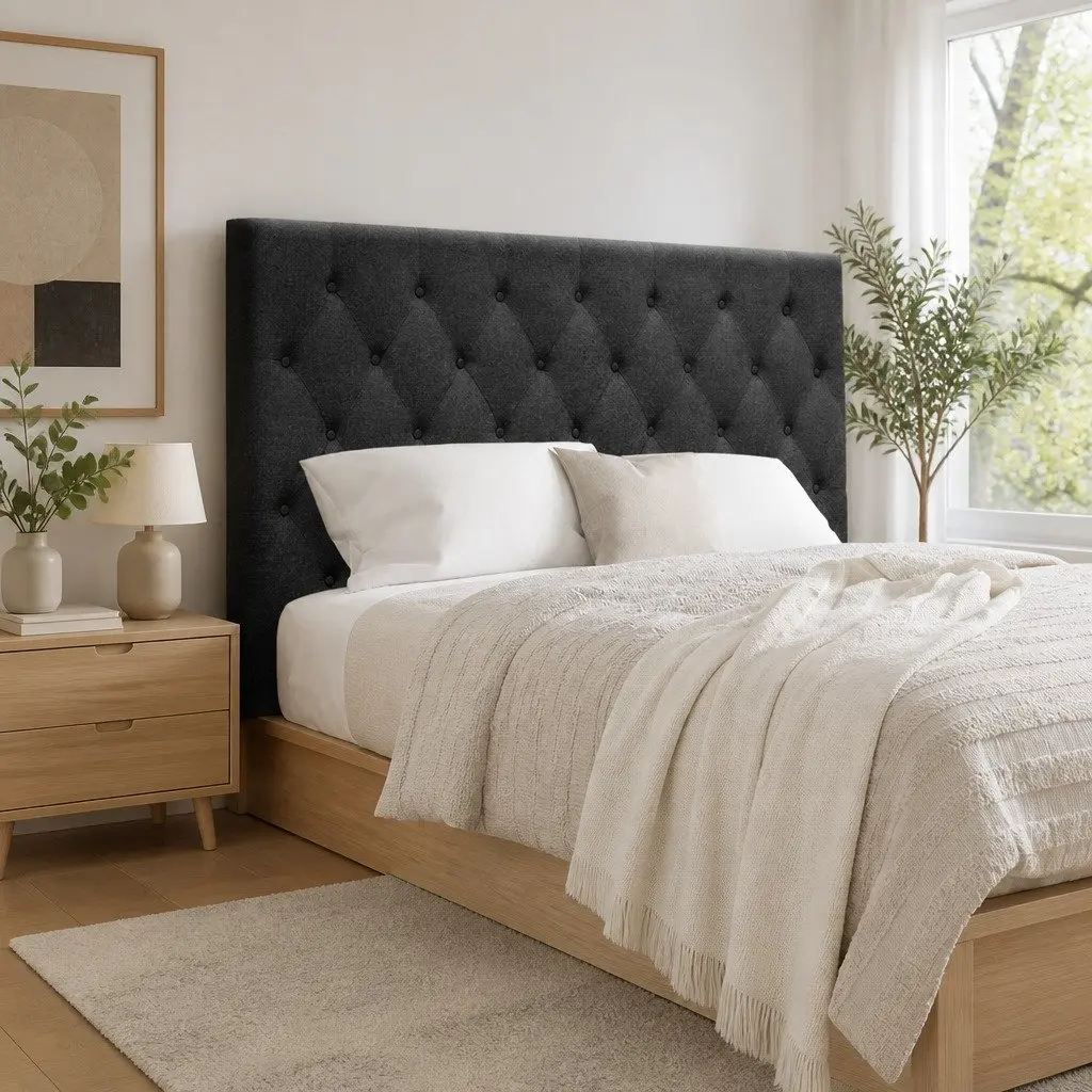 Double Bed Headboard Upholstered Charcoal Button Tufted Design Bedroom Furniture