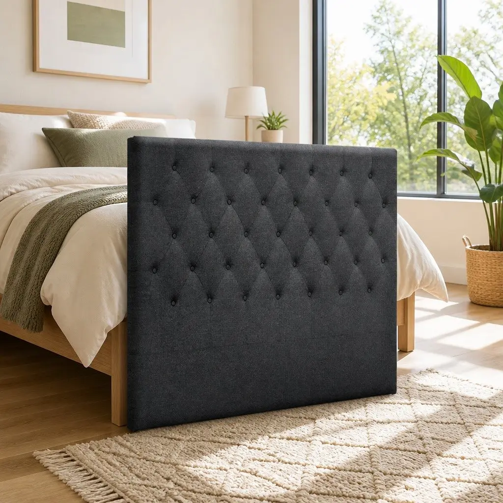 Double Bed Headboard Upholstered Charcoal Button Tufted Design Bedroom Furniture