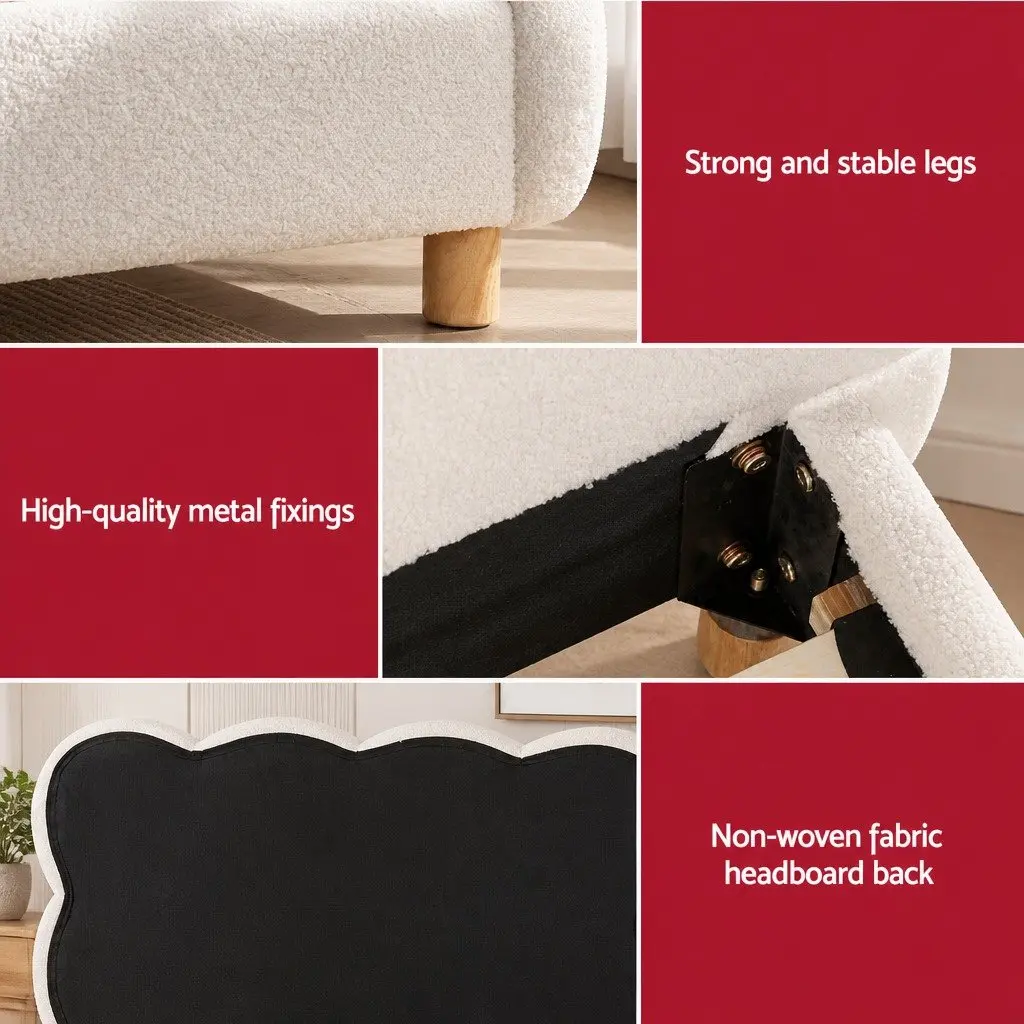 King Single Bed Frame Cloud Headboard Boucle Fabric Platform White Modern