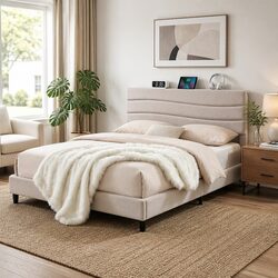 Queen Bed Frame with Storage Headboard Charging Ports Platform Base Beige Linen