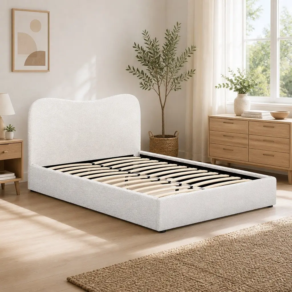 Double Bed Frame Upholstered Boucle Fabric Padded Headboard Wooden Slat Support Beige