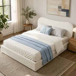 Double Bed Frame with Gaslift Storage Wooden Platform Boucle Upholstered White