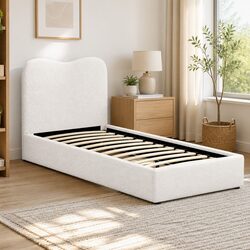 Kids Single Bed Frame Upholstered Boucle Padded Headboard Wooden Slat Support