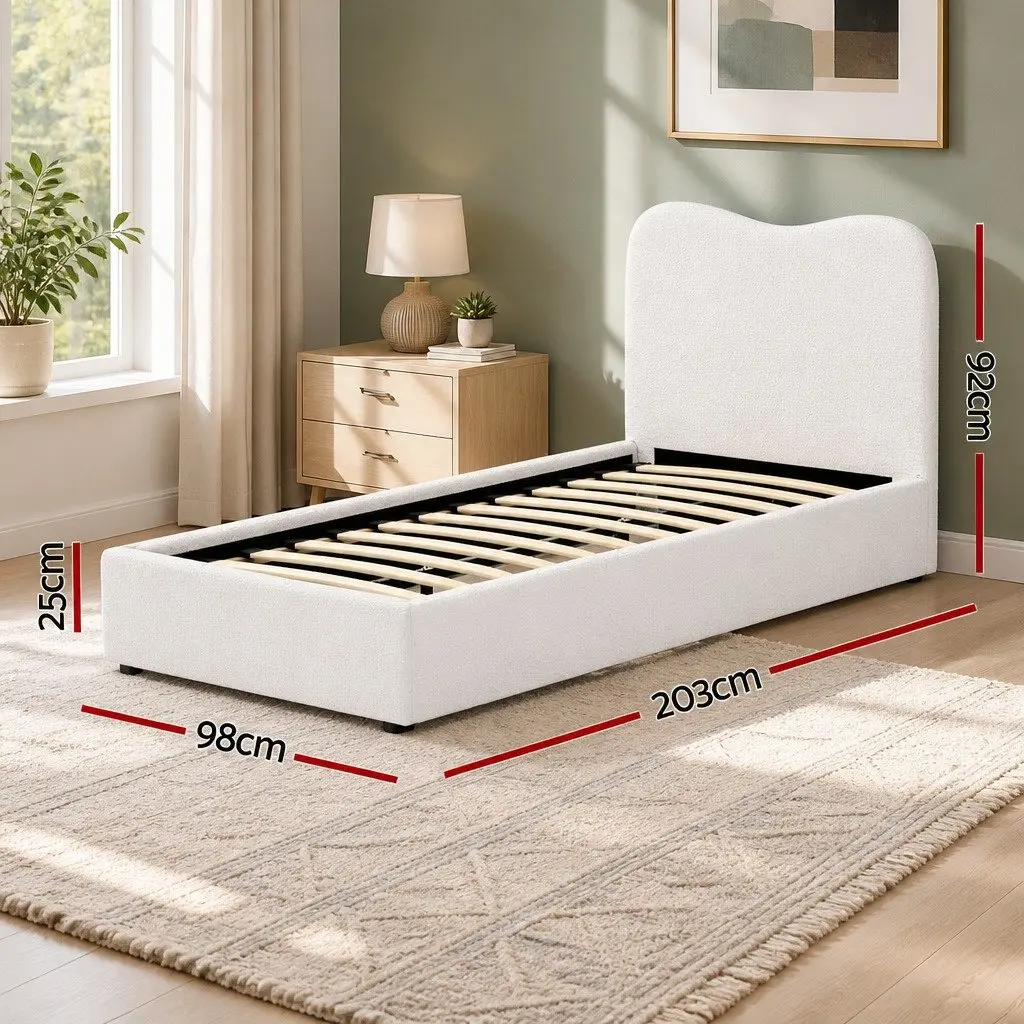 Kids Single Bed Frame Upholstered Boucle Padded Headboard Wooden Slat Support Beige