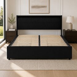 Queen Size Bed Frame with LED Lights 4 Storage Drawers Black Upholstered