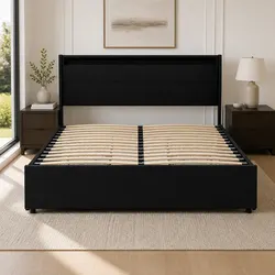 Queen Size Bed Frame with LED Lights 4 Storage Drawers Black Upholstered