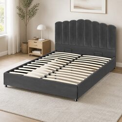 Queen Size Bed Frame with Gas Lift Storage Padded Headboard Grey Velvet