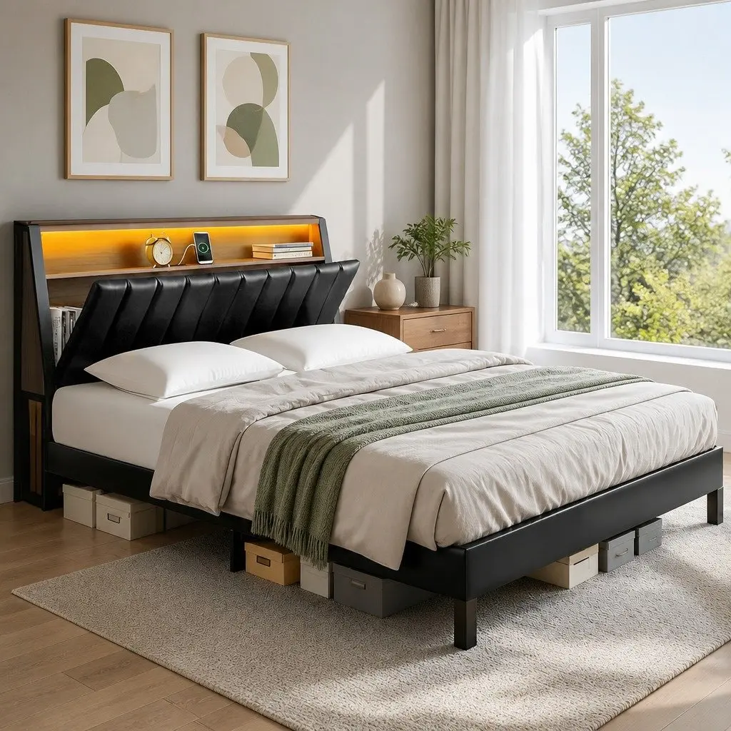 Queen Bed Frame with LED Headboard Storage and Charging Ports Black