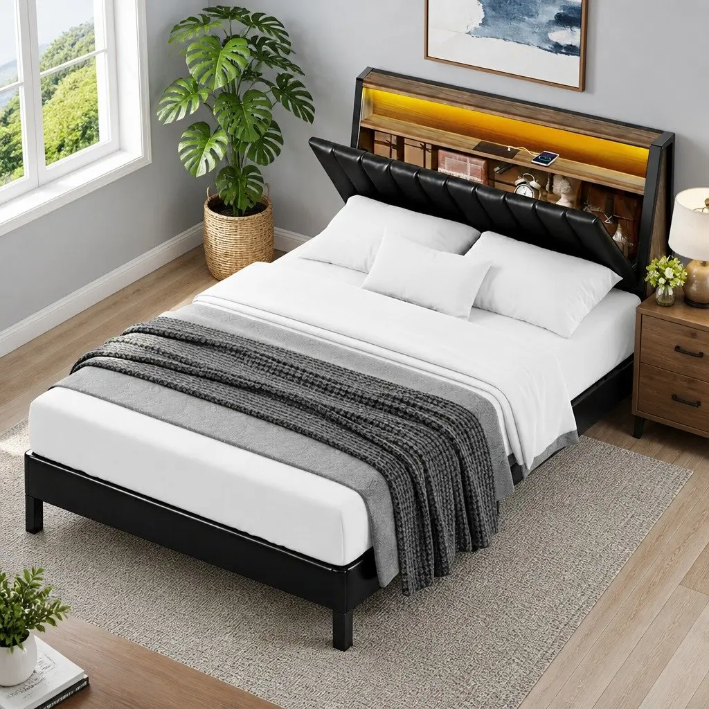 Queen Bed Frame with LED Headboard Storage and Charging Ports Black