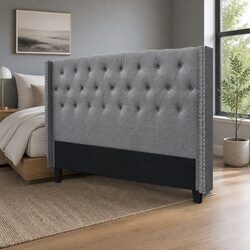 King Size Bed Headboard Grey Fabric Winged Upholstered Button Tufted Bedroom