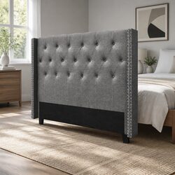 Queen Size Bed Head Headboard Winged Upholstered Tufted Fabric Grey