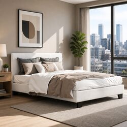 Double Bed Frame Boucle Fabric Upholstered Wooden Slat Base Textured White