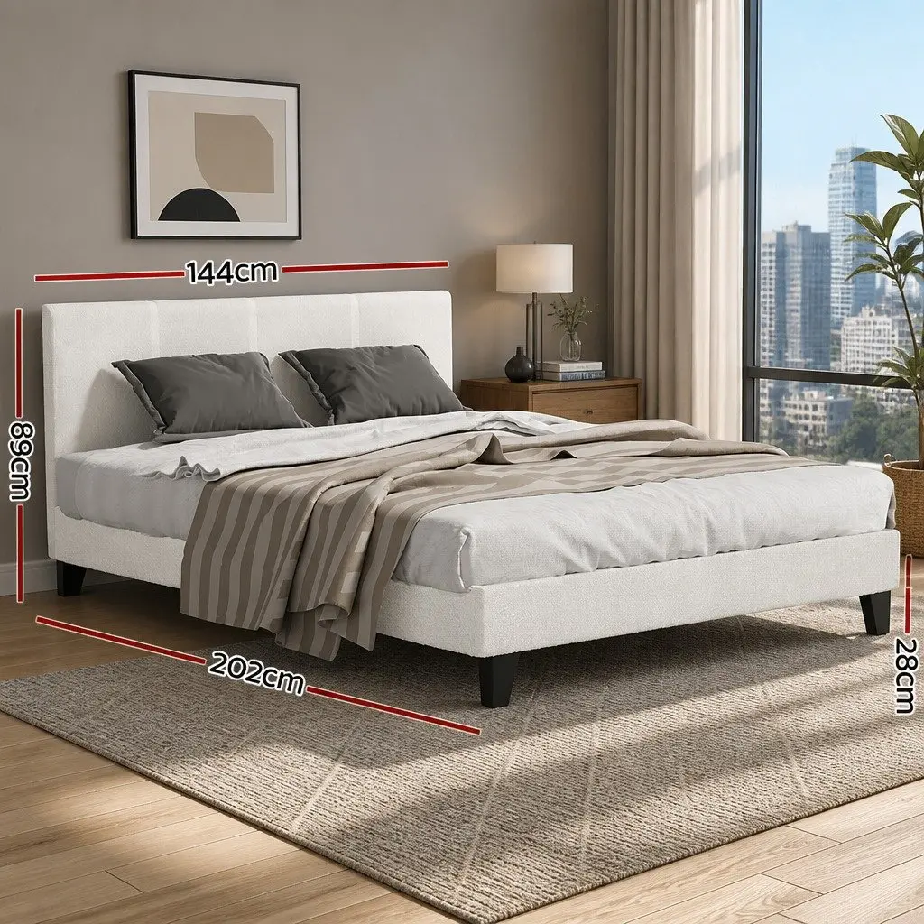 Double Bed Frame Boucle Fabric Upholstered Wooden Slat Base Textured White