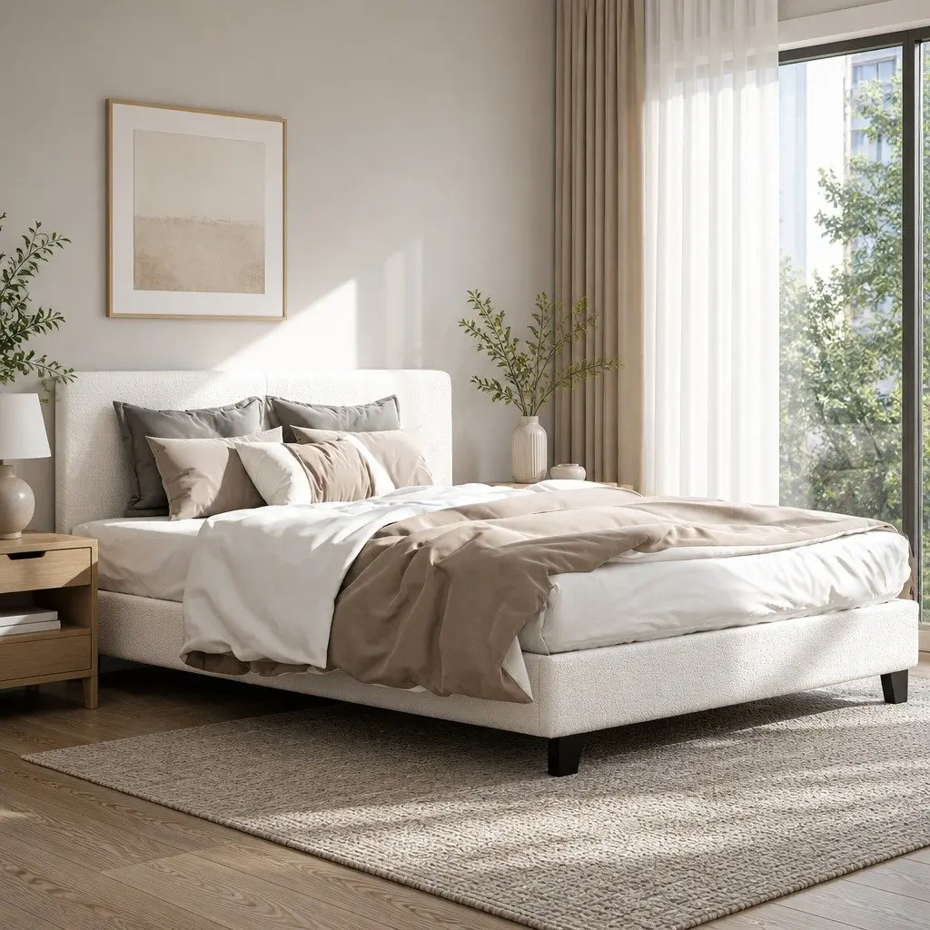Queen Size Bed Frame Boucle Fabric Upholstered White