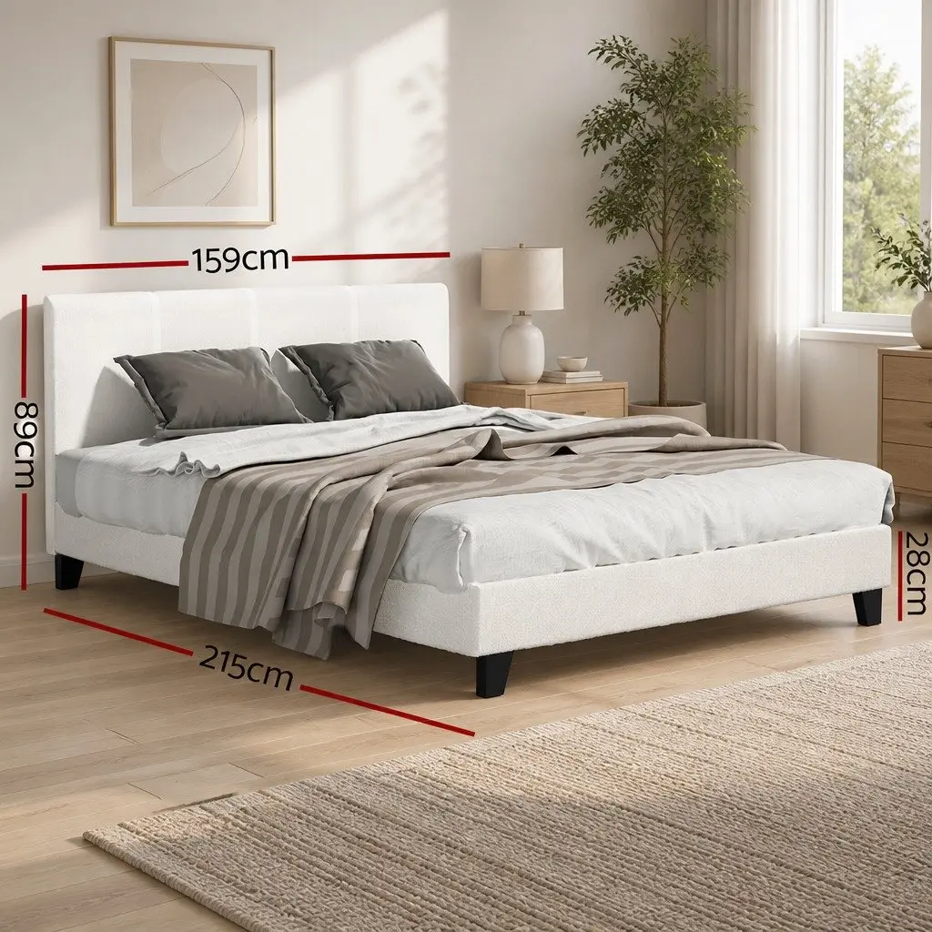 Queen Size Bed Frame Boucle Fabric Upholstered White