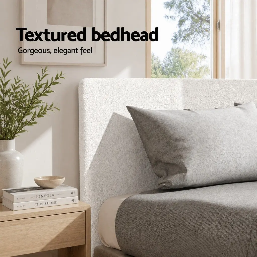 Queen Size Bed Frame Boucle Fabric Upholstered White