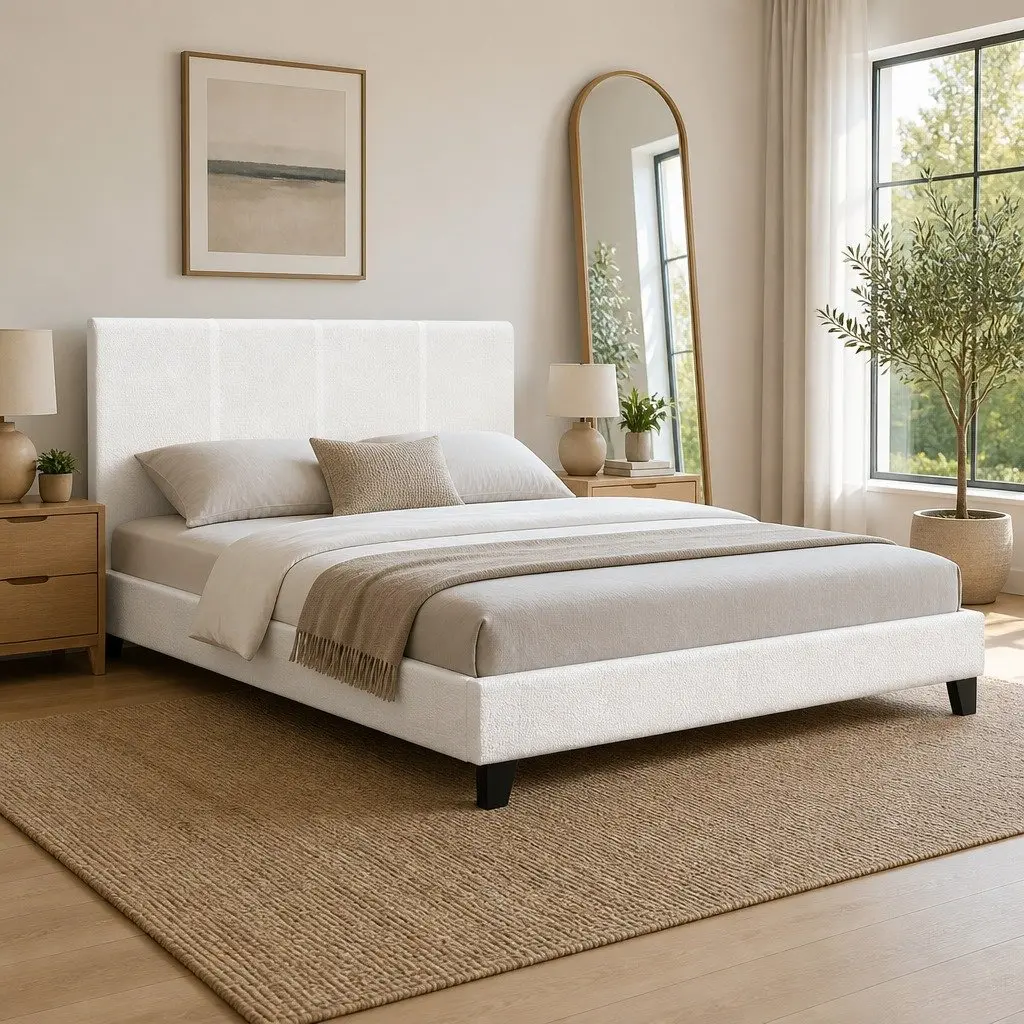Queen Size Bed Frame Boucle Fabric Upholstered White