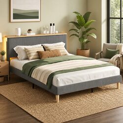 Double Bed Frame Upholstered Adjustable Headboard RGB Mood Lighting Grey Velvet