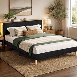 Queen Bed Frame Upholstered Adjustable Headboard RGB LED Mood Lighting Black