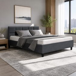 Double Bed Frame Charcoal Upholstered Bedroom Furniture with Wooden Slats