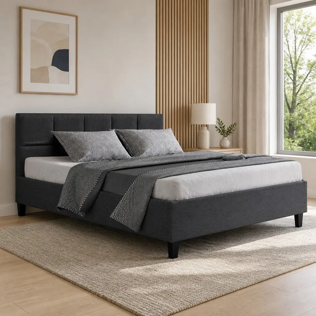 Queen Size Bed Frame Charcoal Upholstered Faux Linen Solid Wood with Wooden Slat Base