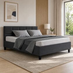 Queen Size Bed Frame Charcoal Upholstered Bedroom Furniture with Wooden Slat
