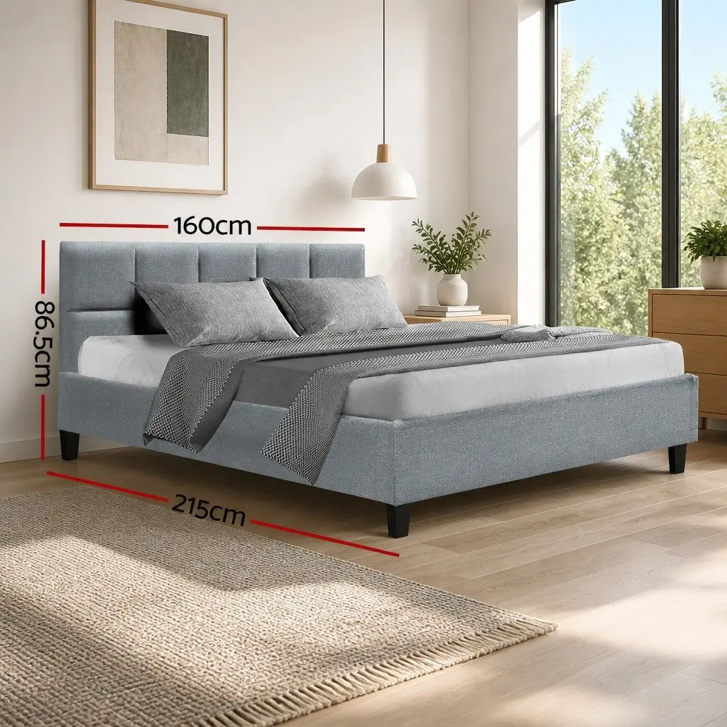 Queen Size Bed Frame Upholstered Grey Solid Wood Slat Base Metal Connectors
