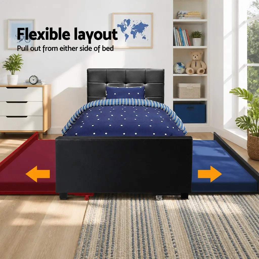 Trundle Bed Frame Pull-Out Guest Bed King Single Size Black PVC Leather