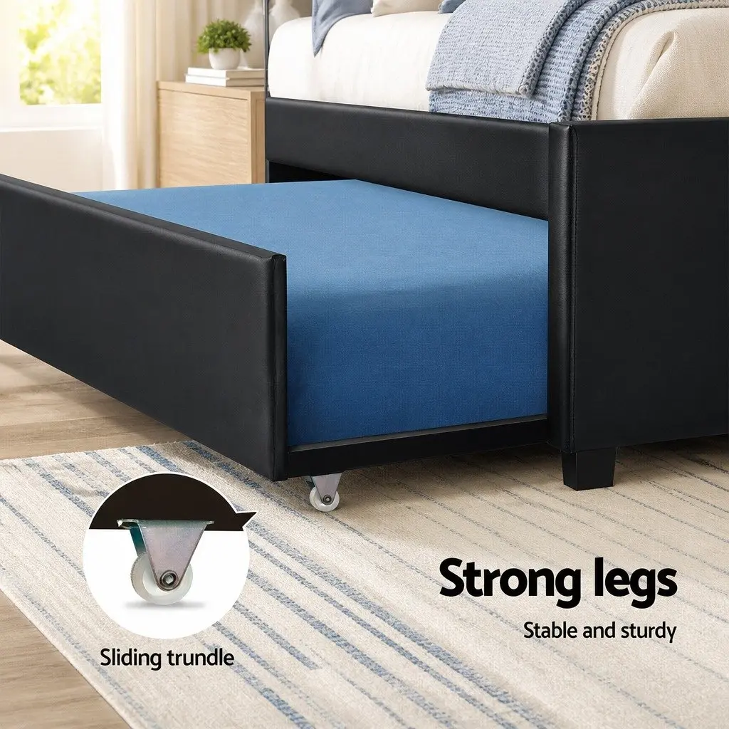 Trundle Bed Frame Pull-Out Guest Bed King Single Size Black PVC Leather