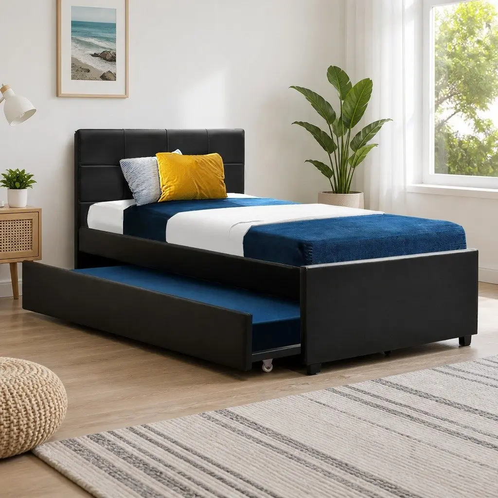 Trundle Bed Frame Pull-Out Guest Bed King Single Size Black PVC Leather