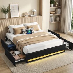 Double Bed Frame with Storage Drawers RGB Lighting Charging Station Upholstered
