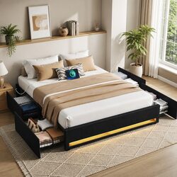 Queen Bed Frame with Storage Drawers RGB Lighting Charging Station Upholstered