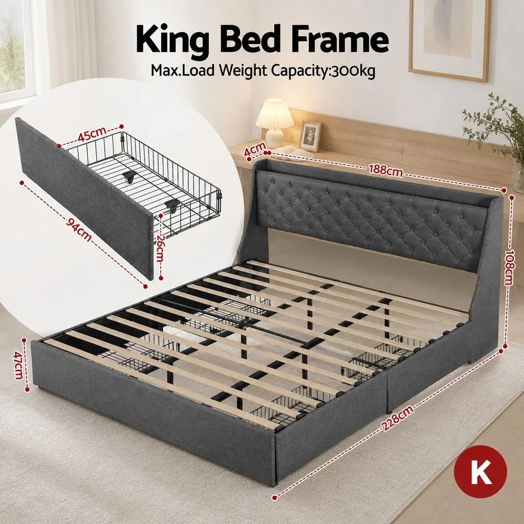 King Bed Frame with 4 Storage Drawers Tufted Wingback Upholstered Bedroom