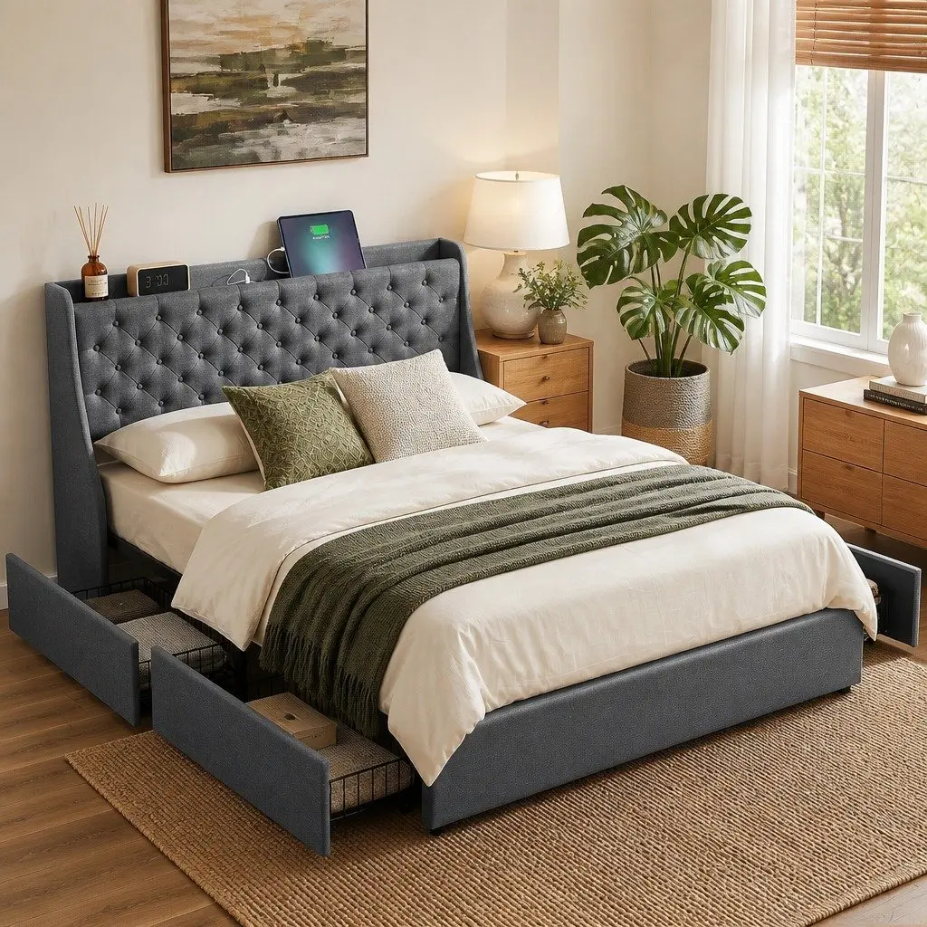 Queen Bed Frame Tufted Wingback Headboard with 4 Storage Drawers and Charging Station Charcoal Grey