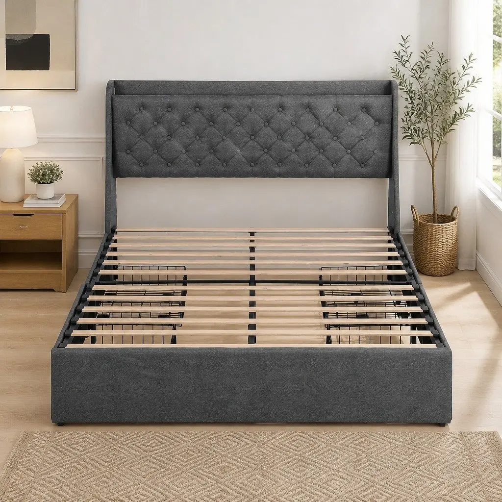 Queen Bed Frame Tufted Wingback Headboard with 4 Storage Drawers and Charging Station Charcoal Grey