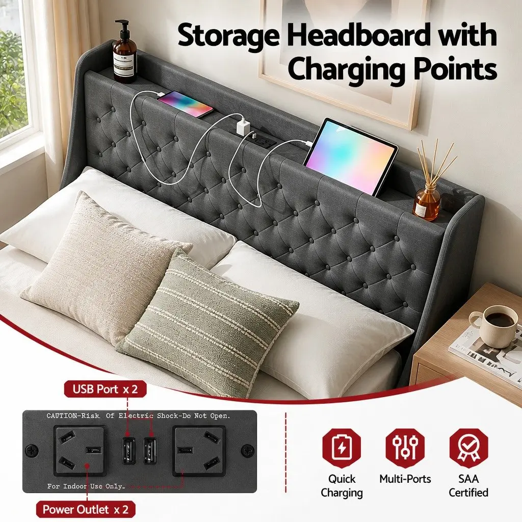 Queen Bed Frame Tufted Wingback Headboard with 4 Storage Drawers and Charging Station Charcoal Grey