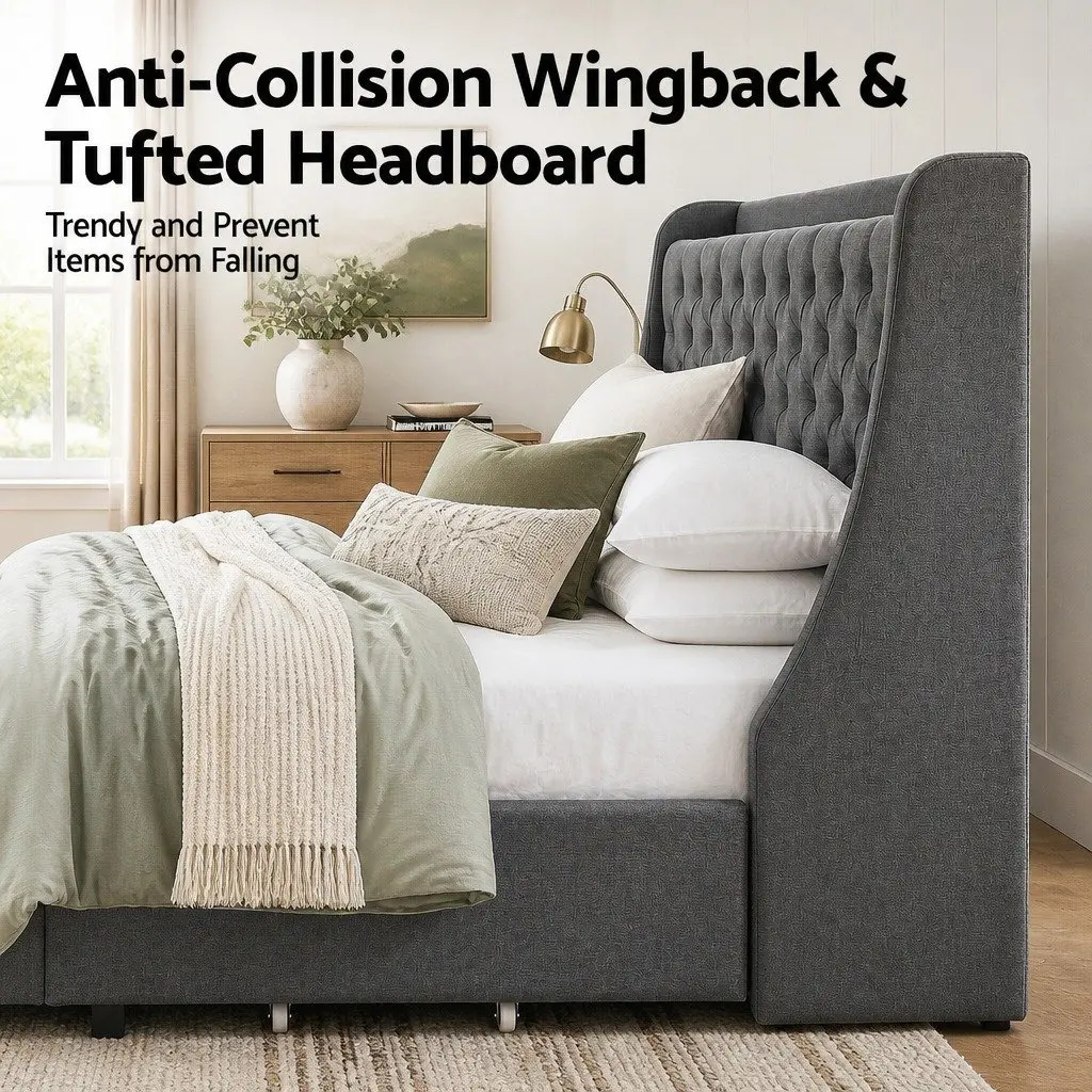 Queen Bed Frame Tufted Wingback Headboard with 4 Storage Drawers and Charging Station Charcoal Grey