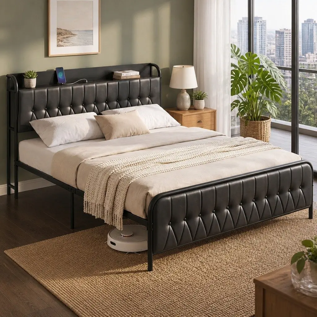 King Bed Frame with Storage Headboard Charging Station Black Upholstered 184W x 225L x 113H cm