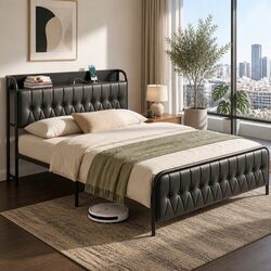 Queen Bed Frame with Storage Headboard Charging Station Black Upholstered