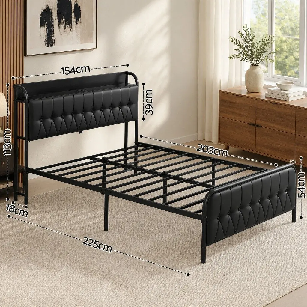 Queen Bed Frame with Storage Headboard Charging Station Black Upholstered