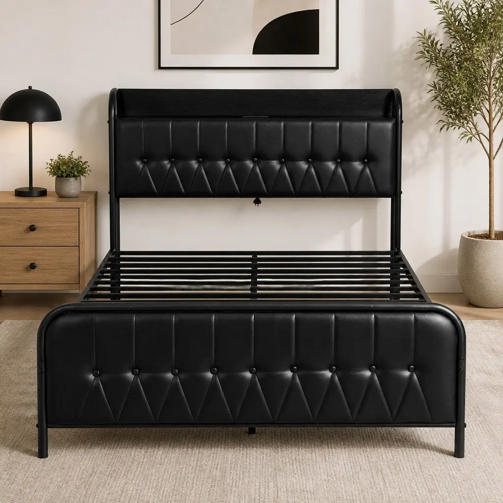 Queen Bed Frame with Storage Headboard Charging Station Black Upholstered