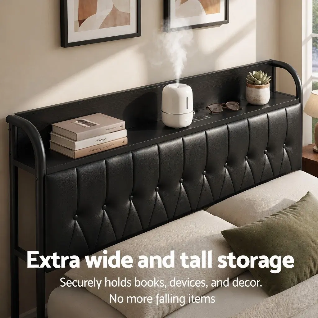 Queen Bed Frame with Storage Headboard Charging Station Black Upholstered