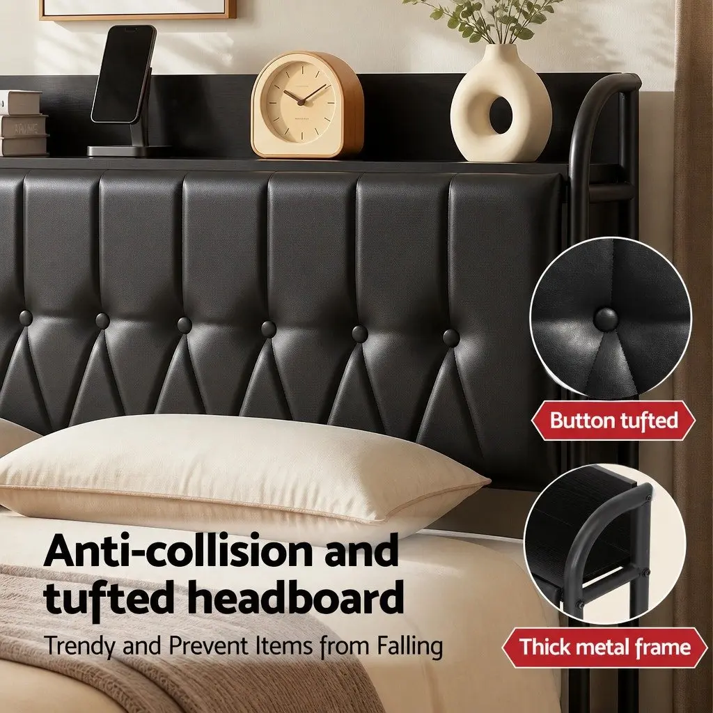 Queen Bed Frame with Storage Headboard Charging Station Black Upholstered