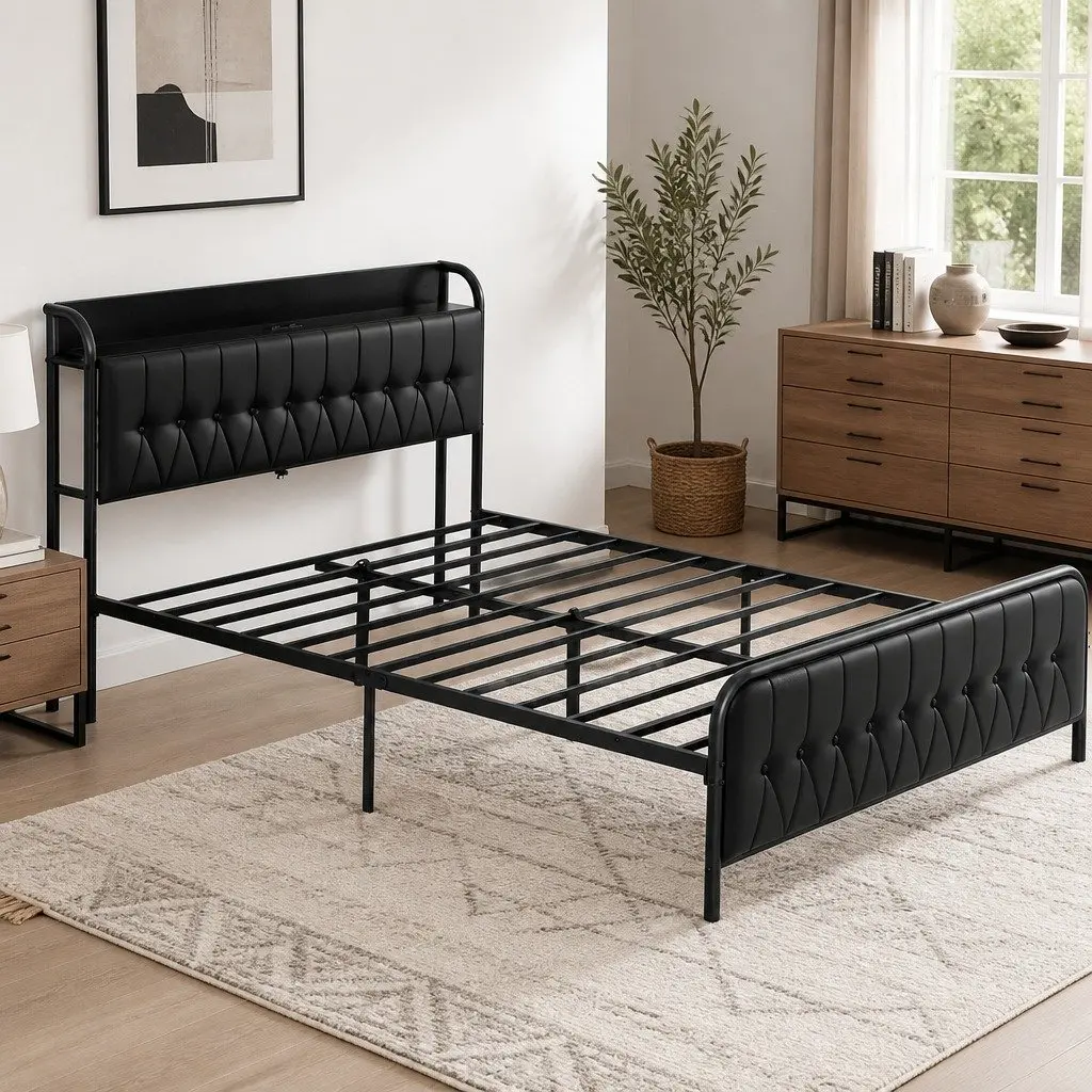Queen Bed Frame with Storage Headboard Charging Station Black Upholstered