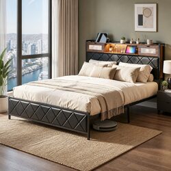King Bed Frame with LED Lights Storage Headboard Charging Station Black