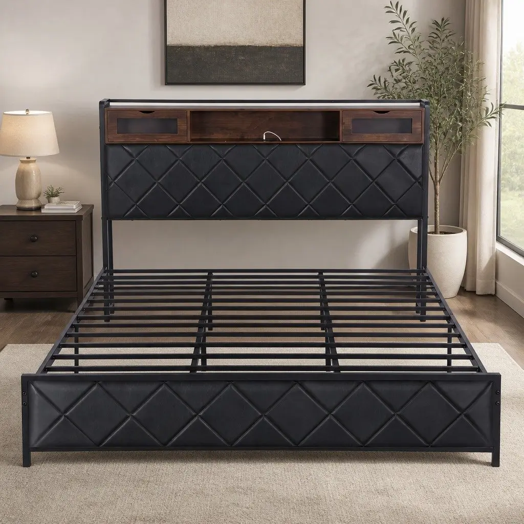 King Bed Frame with LED Lights Storage Headboard Charging Station Black