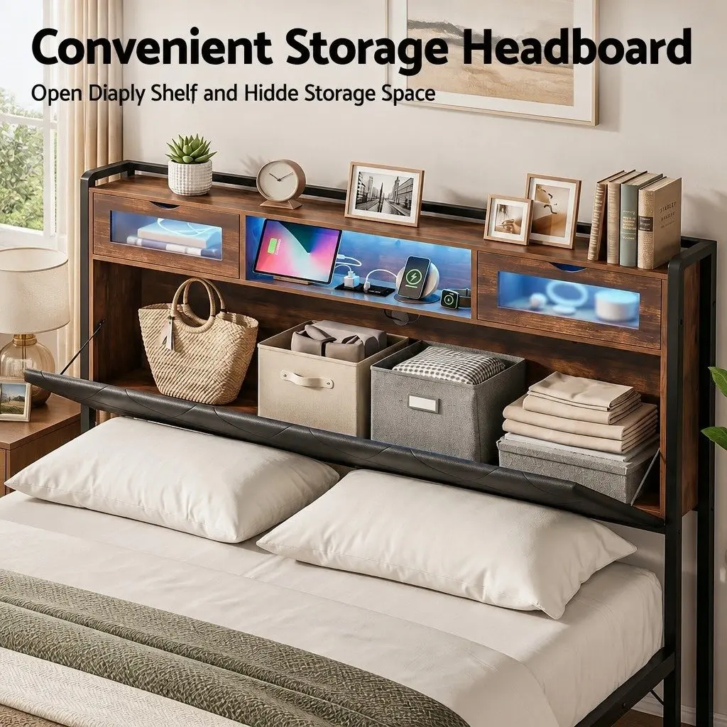 King Bed Frame with LED Lights Storage Headboard Charging Station Black