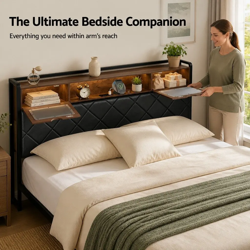 King Bed Frame with LED Lights Storage Headboard Charging Station Black