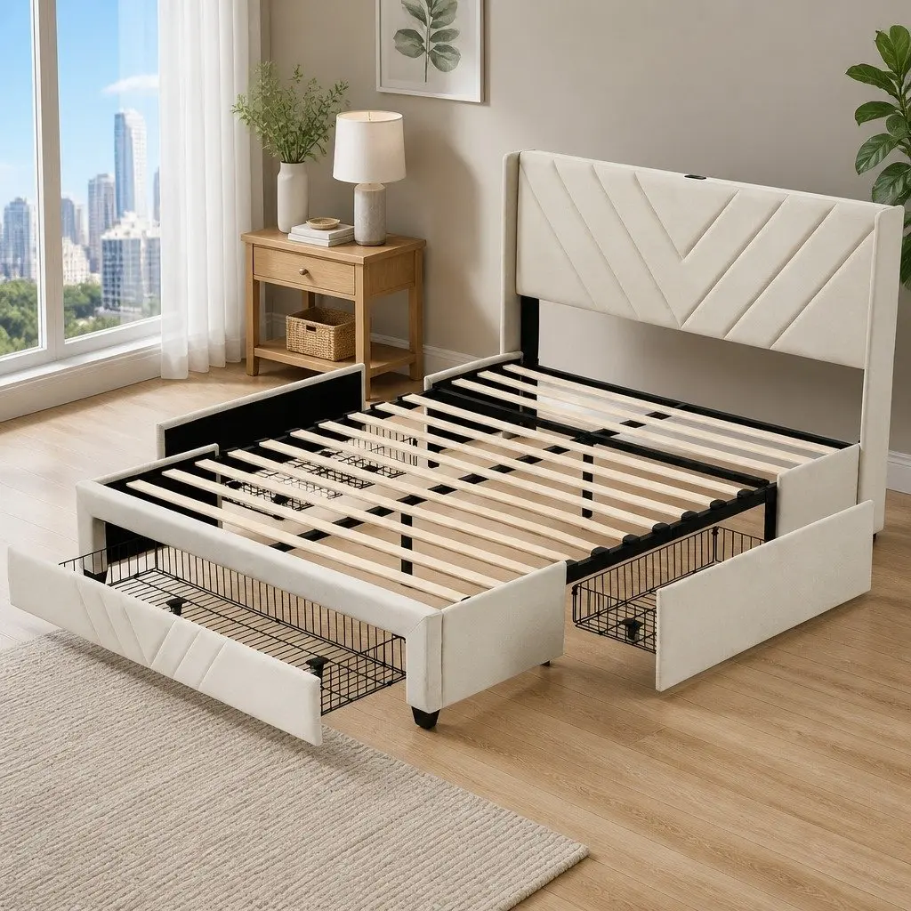 Double Bed Frame Upholstered Headboard Storage Drawers Beige